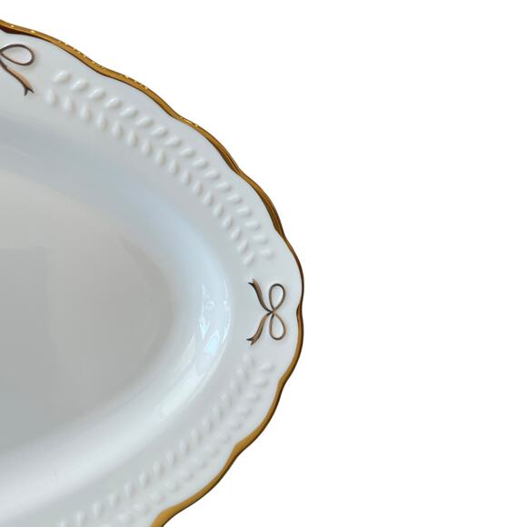 BELLA LUX Gold Bow Coquette Oval Serving Platter 14x8 White Ceramic NEW - Picture 6 of 10
